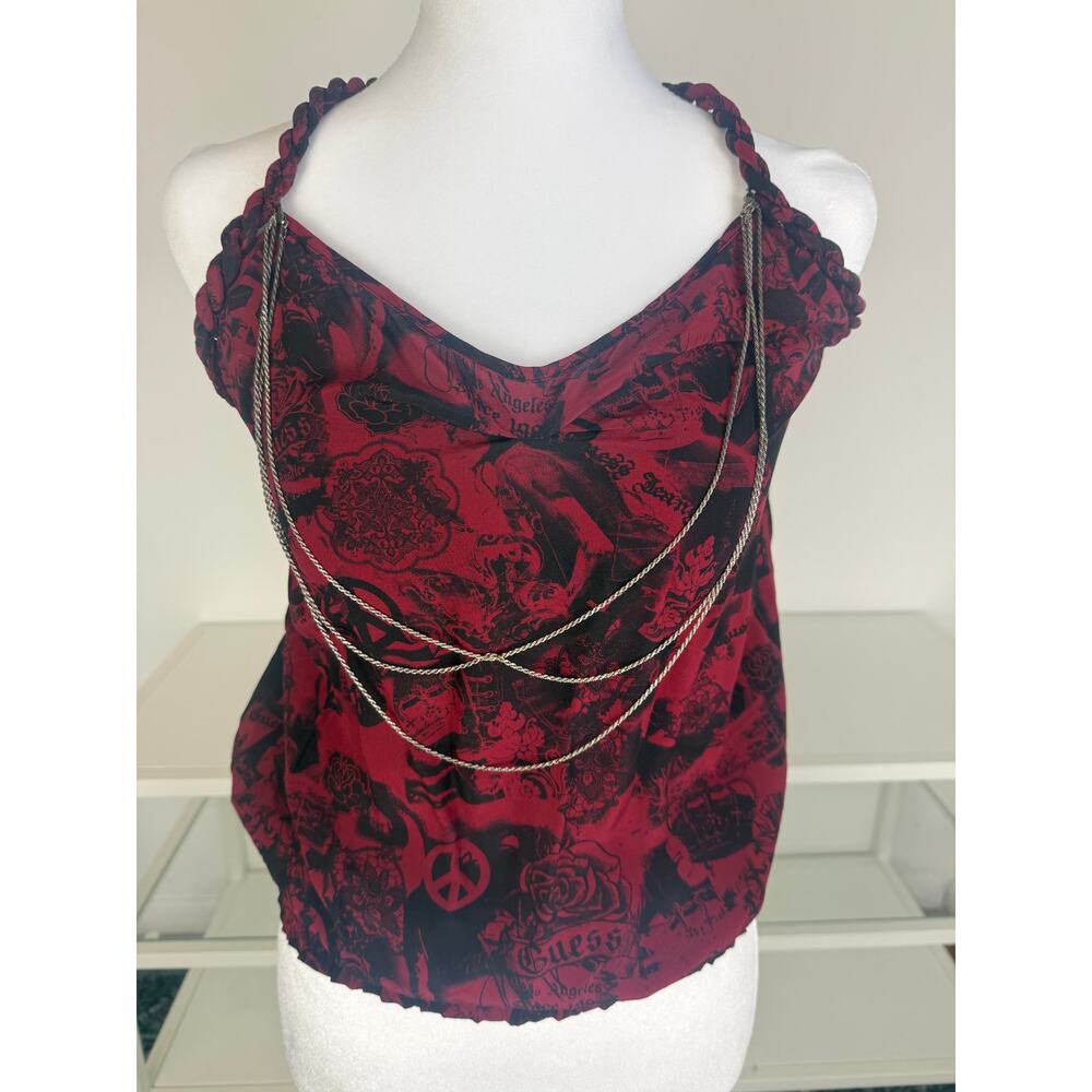 Guess Womens Red/Black Graphic Silk Chain Strap Y2K Grunge Halter Top Medium
